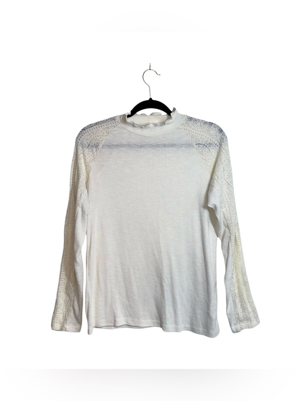 Maurices Cream Mock Neck Lace Sleeve Top Ruffle Ribbed Fitted Large Women’s